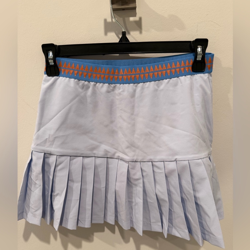 Tory Sport Light Blue Pleated Mini Skirt with Orange Accent Waistband